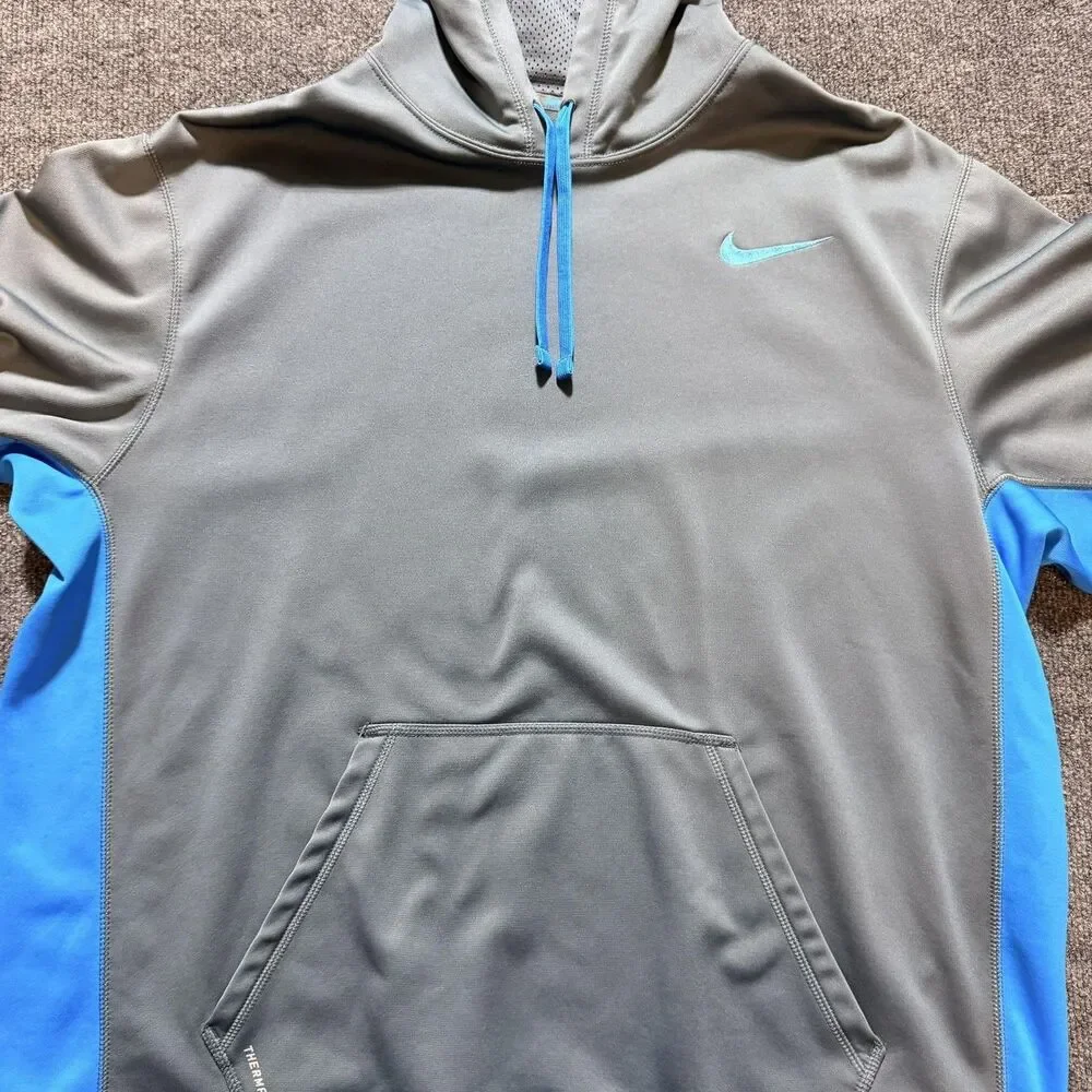 Nike Hoodie Mens XL Gray Blue Therma-Fit Pullover Fleece Athletic Sweatshirt